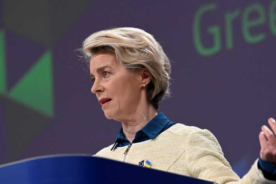 Von der Leyen bij de persconferentie woensdag.