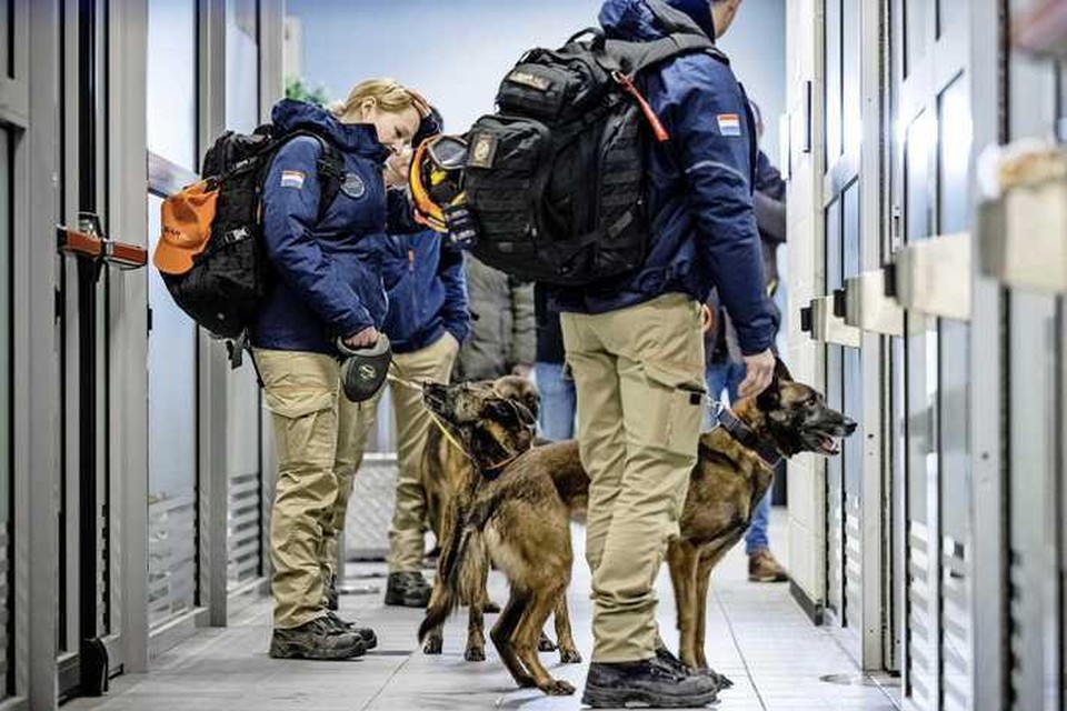 Leden en zoekhonden van het Urban Search and Rescue Team stappen in het vliegtuig op Vliegbasis Eindhoven.