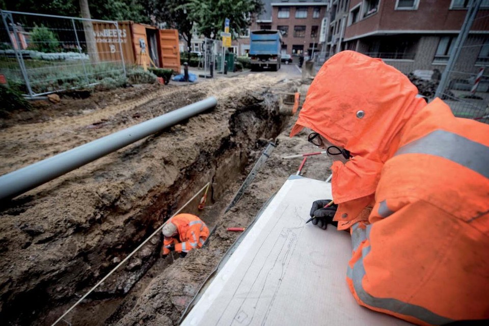 Op het Tempsplein in Heerlen wordt momenteel een zogeheten spitsgracht, die rond het badhuis werd aangelegd, opgegraven. 