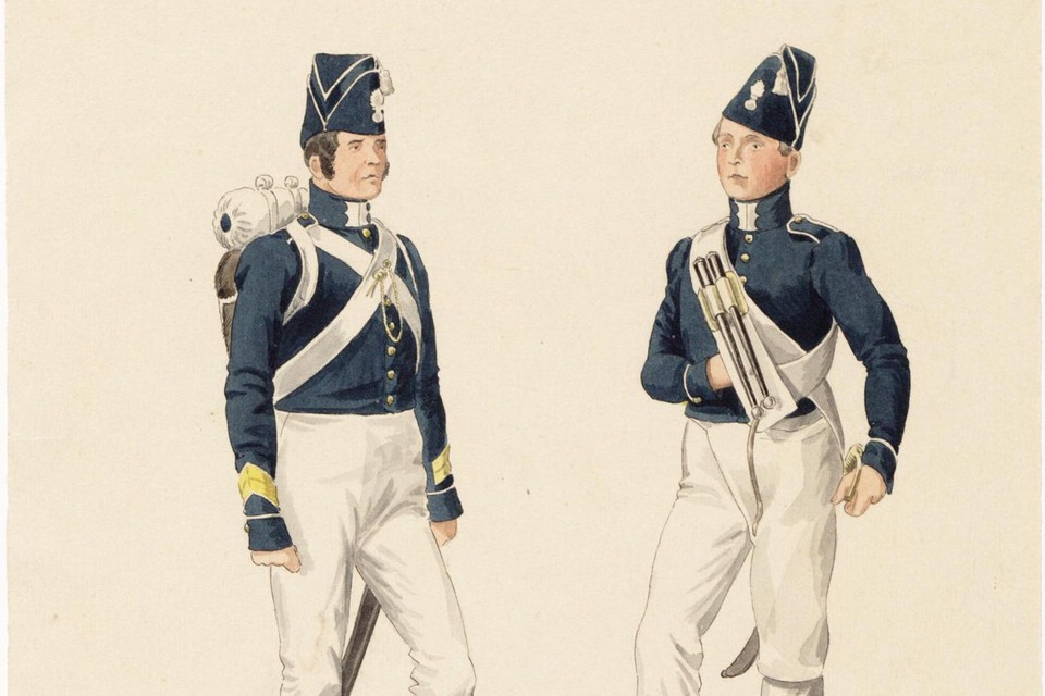 Korporaal en tamboer in exercitietenue van de infanterie, 1850.