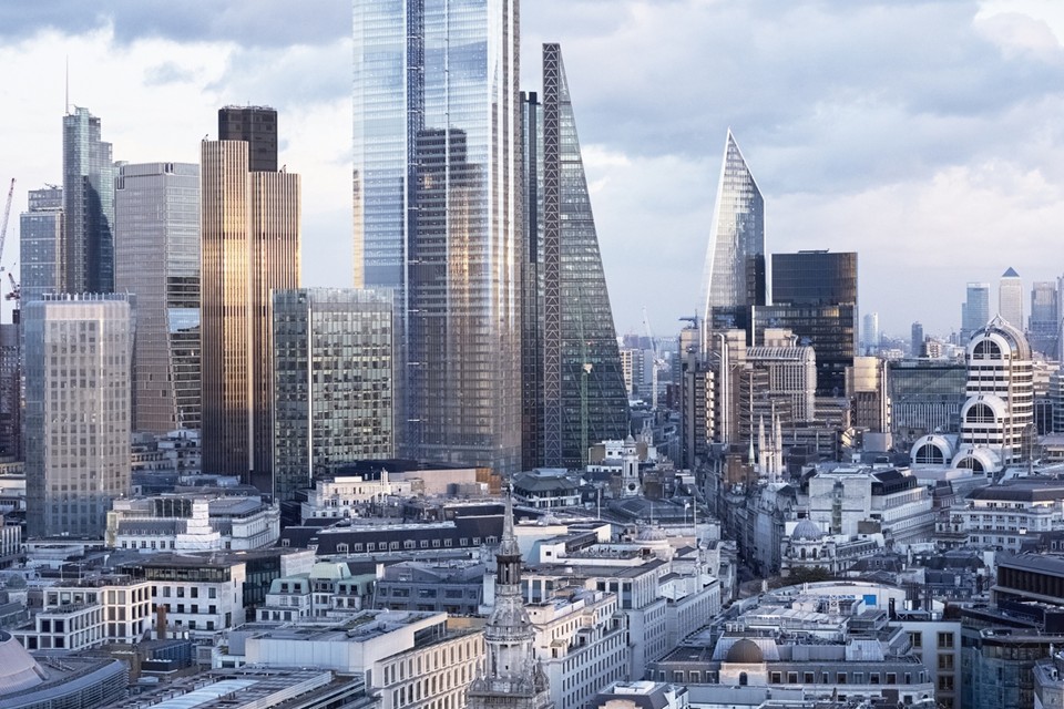 De Londen City, waar veel grote Britse en Europese financiële instellingen hun kantoren hebben. 