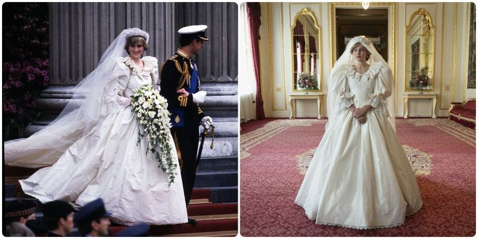 Links: prinses Diana in de originele jurk. Rechts: prinses Diana in de Netflixserie, met de replica van de jurk.