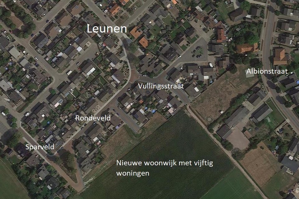 De nieuwe woonwijk komt in het zuidelijk deel van Leunen. 