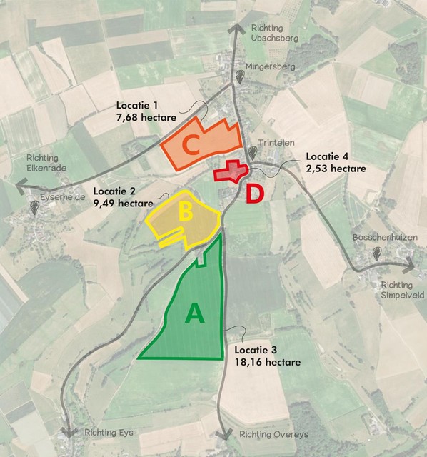 De vier locaties die zijn onderzocht voor realisatie van de boerderij van de Toekomst. Locatie 3 heeft de voorkeur van het college van Gulpen-Wittem. 