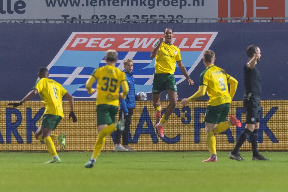 Dolle vreugde bij Fortuna na de 0-1 van Nigel Lonwijk (springend in midden). 