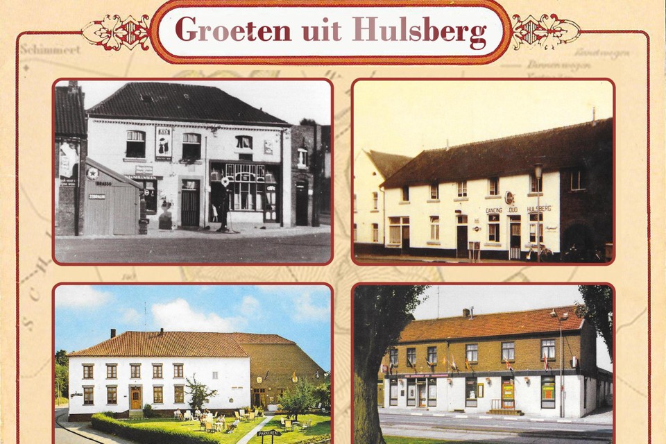 Een fictieve ansichtkaart met daarop van linksboven met de klok mee: Café Muyters (later ’t Heukske), Dancing Oud Hulsberg, De Bokkerijder en Pension van Neer (nu Naeve de Paort).