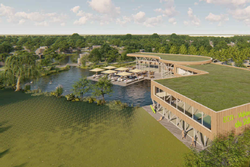 Impressie van het eco-vakantiepark dat projectontwikkelaar Smart Property wil aanleggen naast natuurgebied De Schwienswei in Sittard.