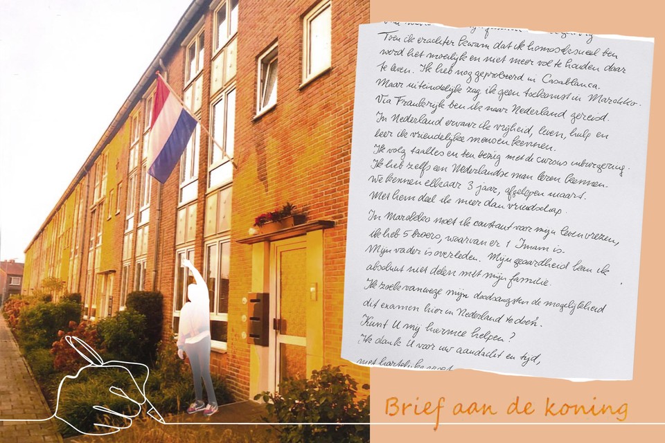 Een deel van de brief die Ahmad – die naar de Nederlandse driekleur wijst – aan koning Willem-Alexander schreef.