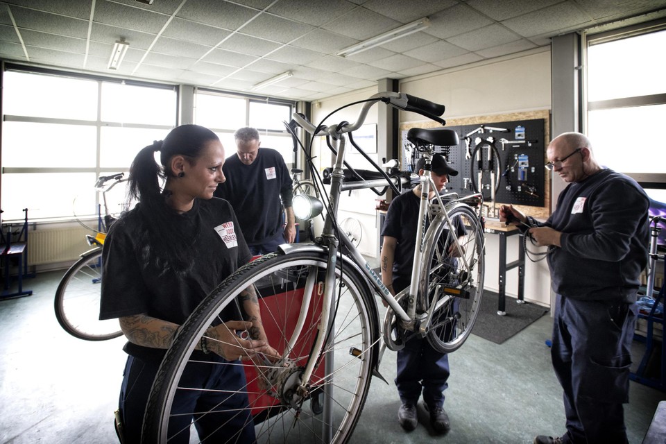 Medewerkers van Werk voor Heerlen zijn bezig met de reparatie van een fiets.