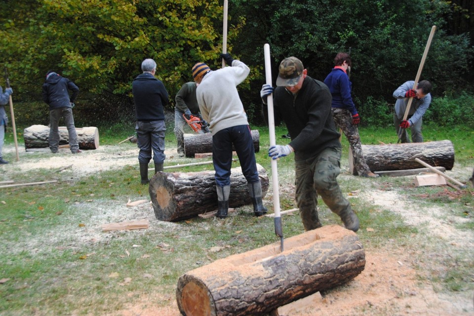 Poolse imkers demonstreren hoe ze boomstammen uithollen waar honingbijvolken in kunnen leven. 