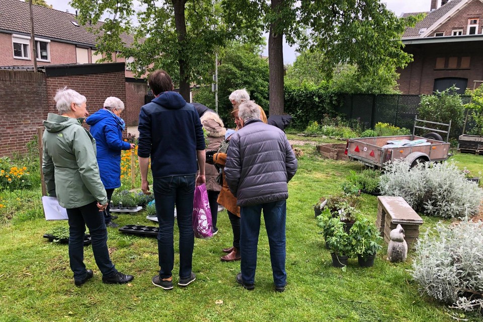 Bewoners bijeen bij de uitgifte van de plantjes. 