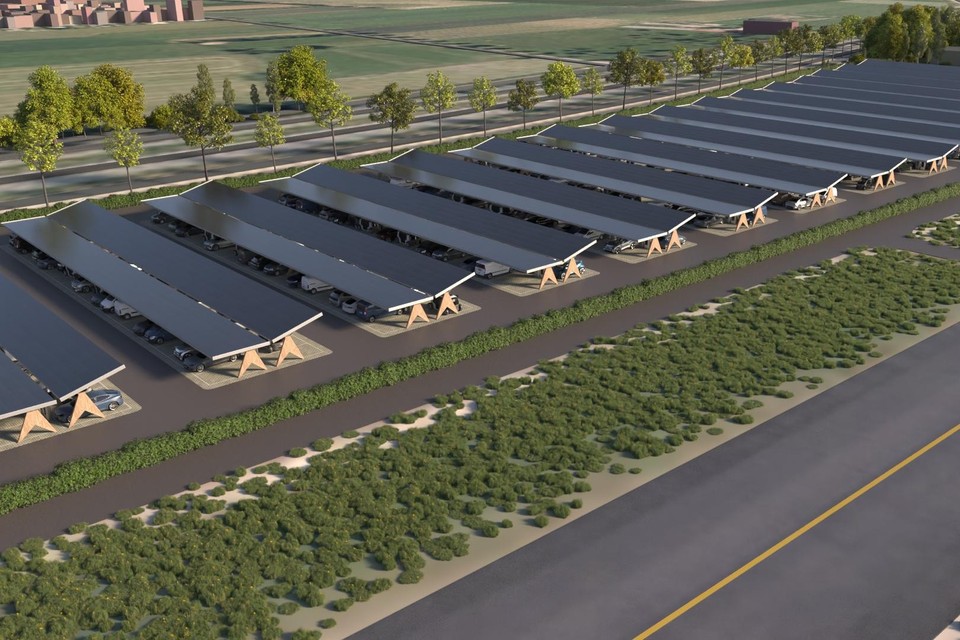 Parkeerplaats P1 op de luchthaven in Beek wordt overdekt met zonnepanelen, mits het voortbestaan van het vliegveld begin juni door Provinciale Staten wordt gegarandeerd. 