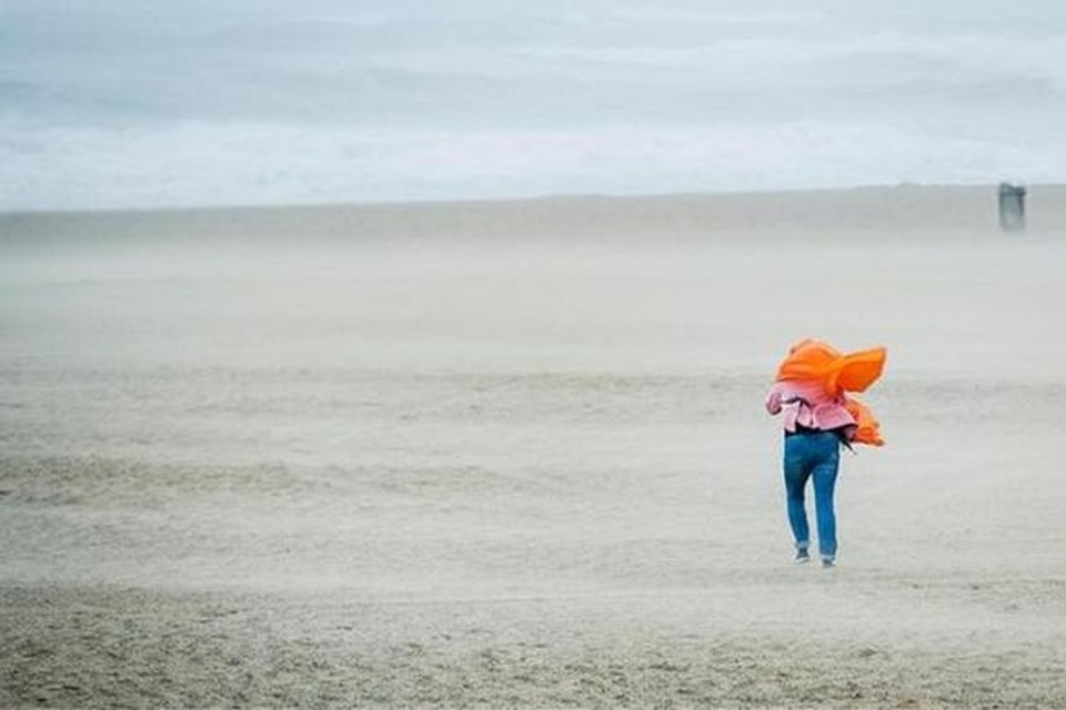 Een wandelaar trotseert de harde wind op het strand van Scheveningen 
