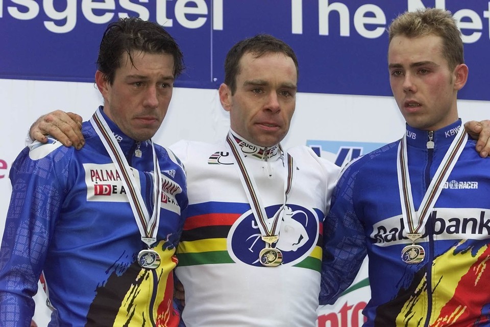 Mario De Clercq (l), Richard Groenendaal (m) en Sven Nys op het WK-podium in 2000. 