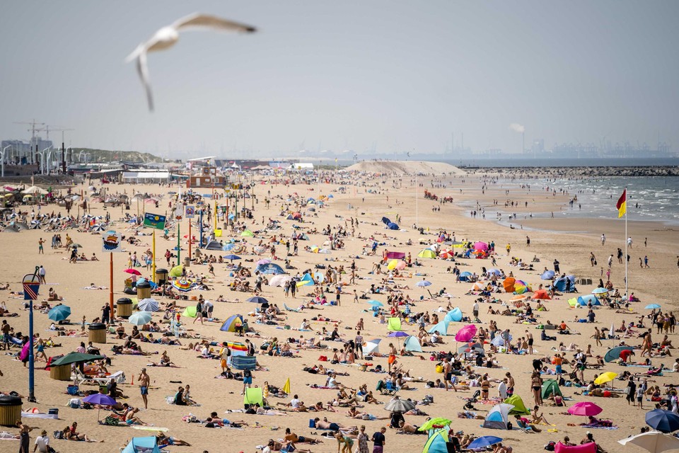 Drukte op het Scheveningse strand. 