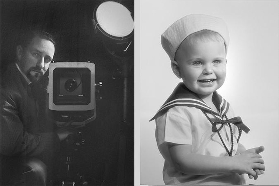 Links: fotograaf Frans Grummer, rechts: een van zijn vele portretten. 