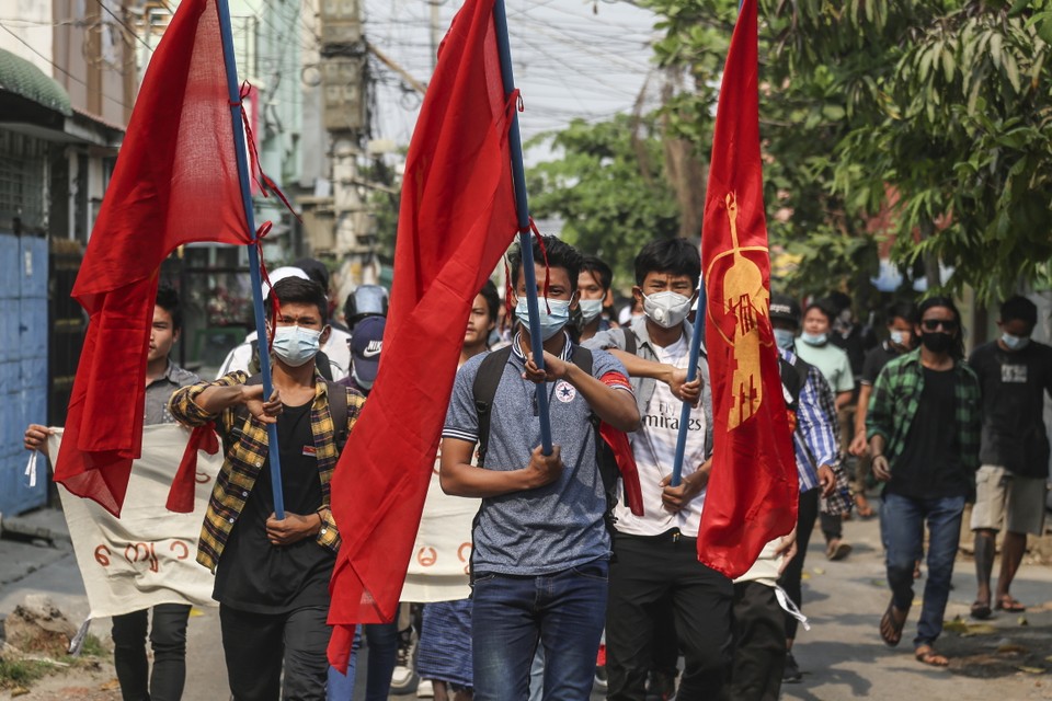 Protesten tegen de militaire coup in Myanmar. 