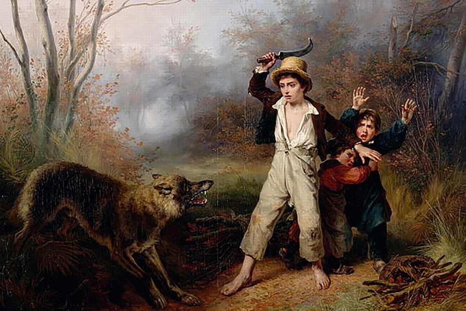 Boerenkinderen verrast door een wolf. Schilderij uit 1833 van François Grenier de Saint-Martin 
