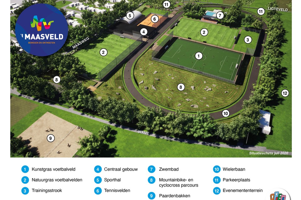 Een overzichtstekening van de plannen voor het sportcomplex. 