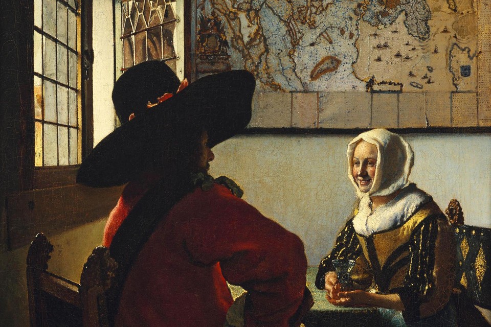 Deel van het doek ‘De soldaat en het lachende meisje’ van Vermeer.  