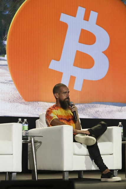 De oprichter van Jack Dorsey tijdens een conferentie over cryptocurrency in Florida op 4 juni 2021. 