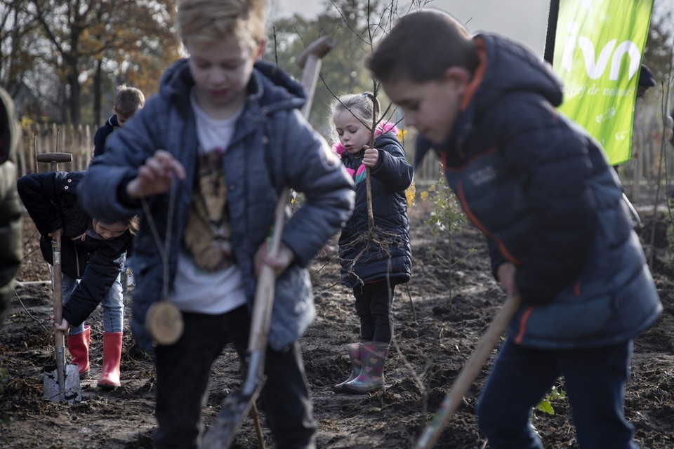Leerlingen van IKC Leuken bij de aanplant van het tiny forest in Weert. 