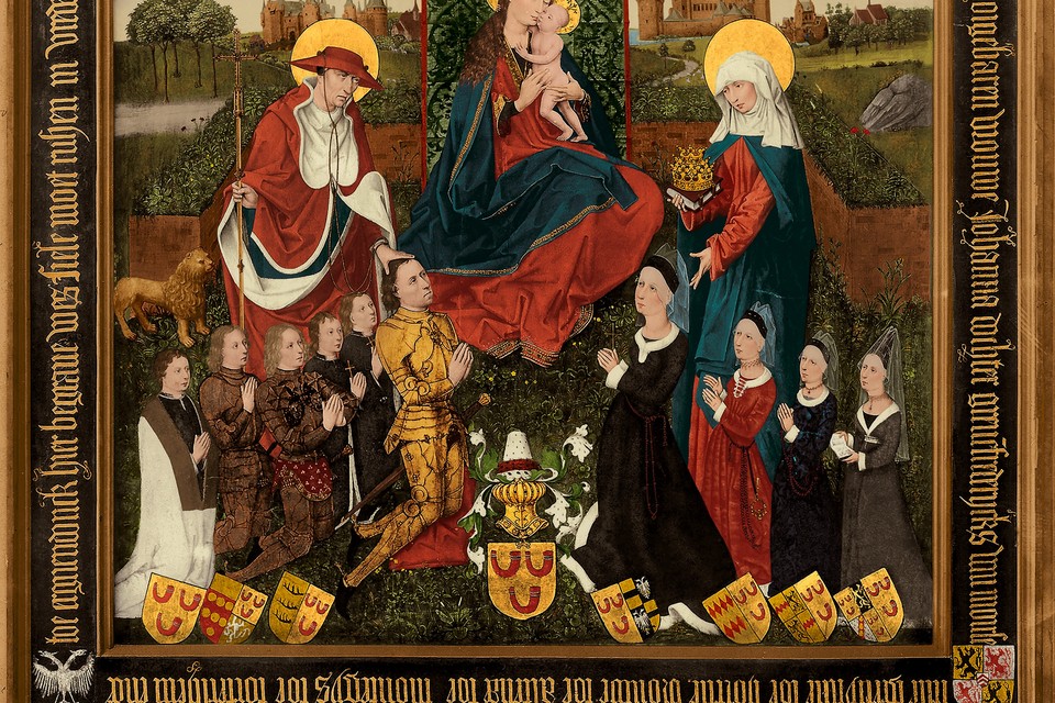 De foto van het schilderij met het kasteel van Weert (rechtsboven) is dankzij grondig onderzoek nu waarheidsgetrouw ingekleurd.  