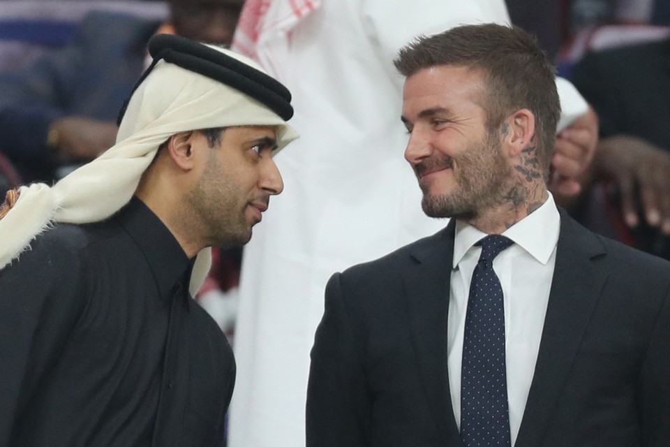 David Beckham (rechts) in 2019 met Nasser al-Khelaifi, voorzitter van Qatar Sports Investments. 