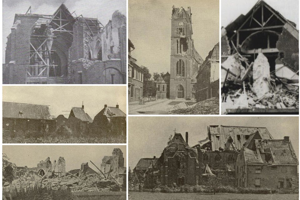 De verwoeste kerken van (met de klok mee) Meterik, Venlo, Hunsel, Oostrum, Wanssum en Ysselsteyn 