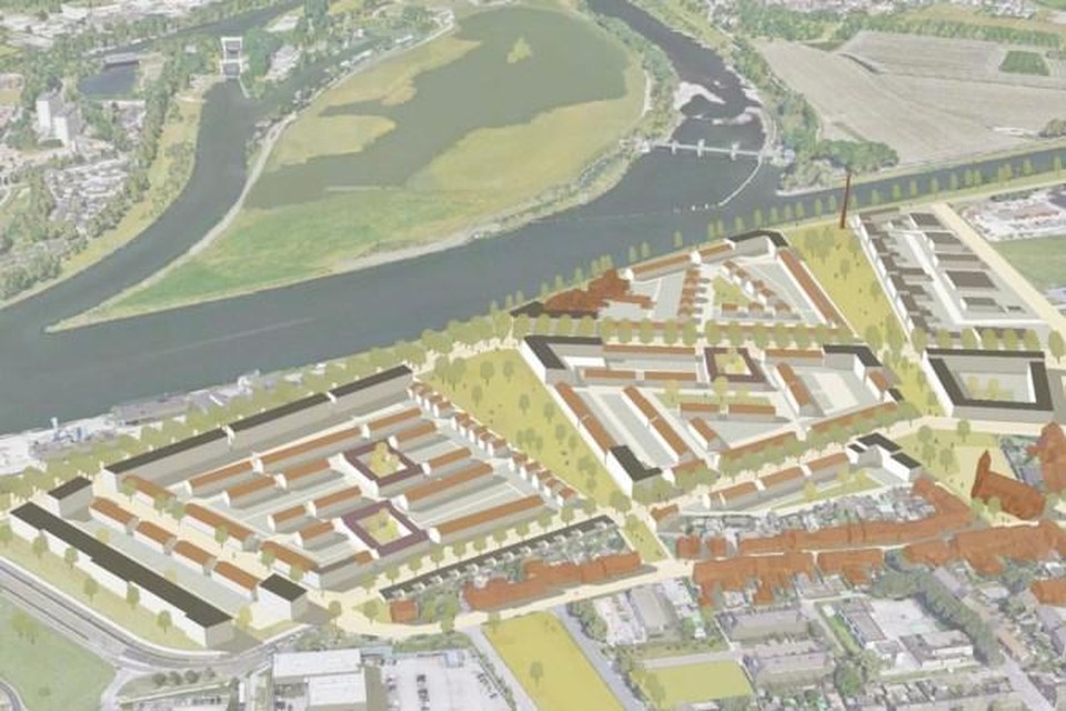 Het woningbouwplan op de plek van de megaloods. 