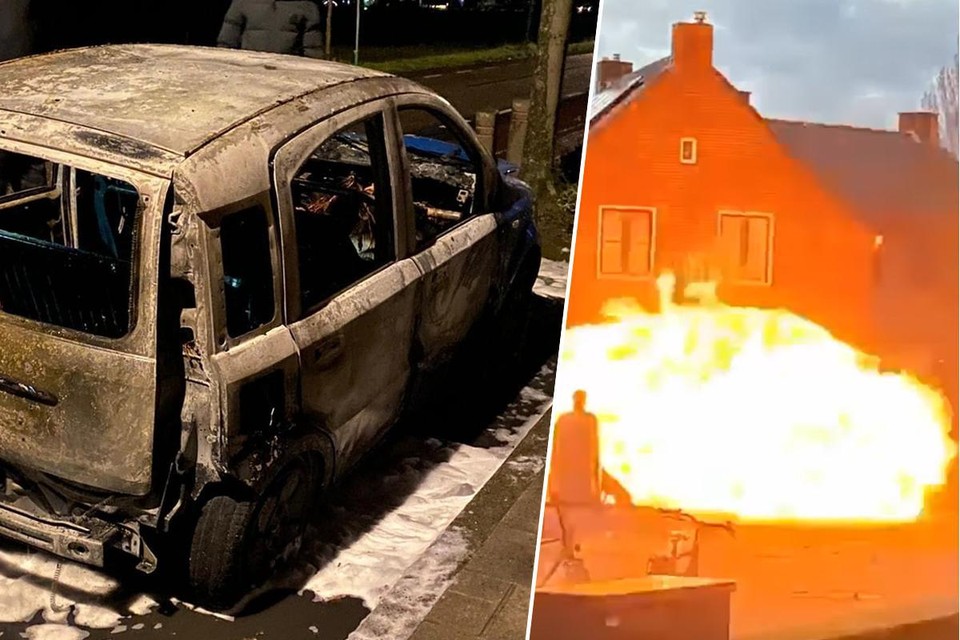 Foto van de auto van Jeanne (links) en momentopname uit filmpje vuurwerkbom op de markt (rechts)