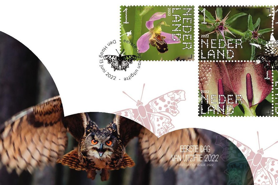 De oehoe en gevlekte aronskelk staan onder andere op het nieuwe postzegelvel.  