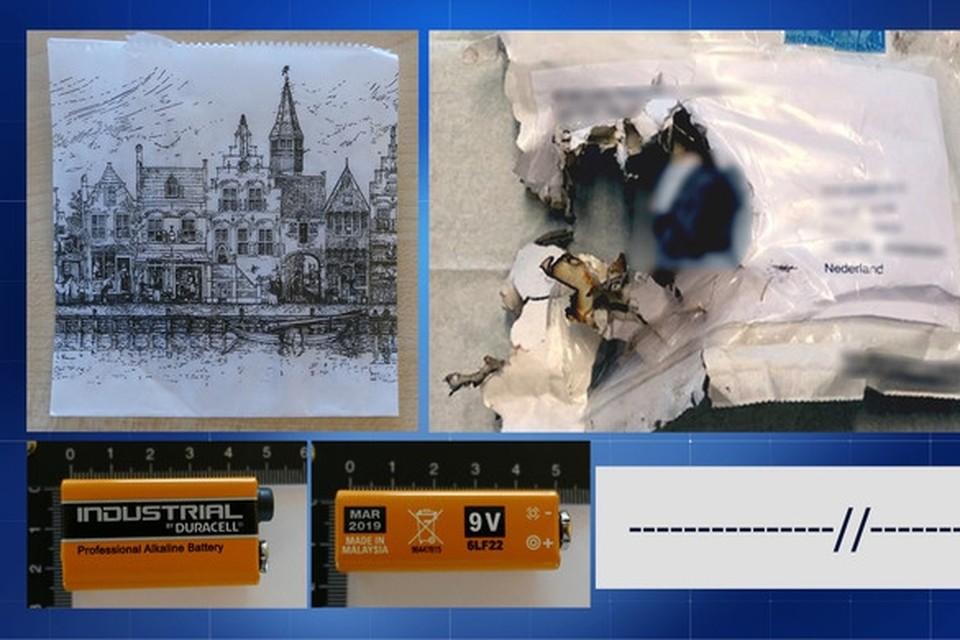 De afperser ondertekende de bombrieven met rechte en schuine streepjes (rechtsonder) en gebruikte een 9 Volt-batterij. Ook stopt de dader in elke envelop een papieren zakje met een aanzicht van Delft. 