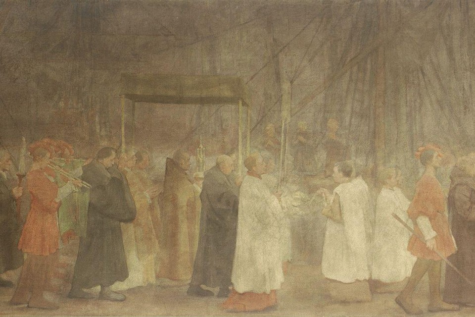 Fragment uit een schildering door Antoon Derkinderen die de processie van 1889 toont.