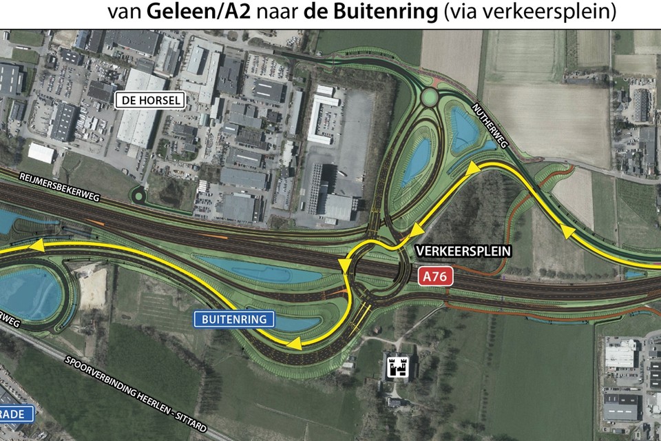 De weg die je moet volgen om via de turborotonde naar Hoensbroek te gaan. Volgens PHB missen mensen met bestemming Hoensbroek deze afrit en rijden ze door. 