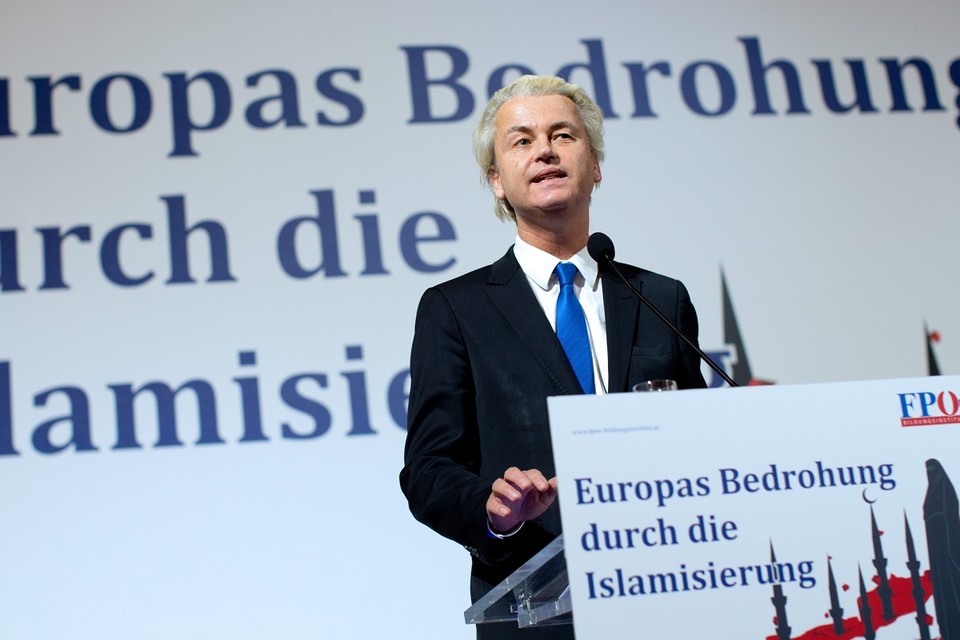 Wilders tijdens de bewuste toespraak in Wenen.