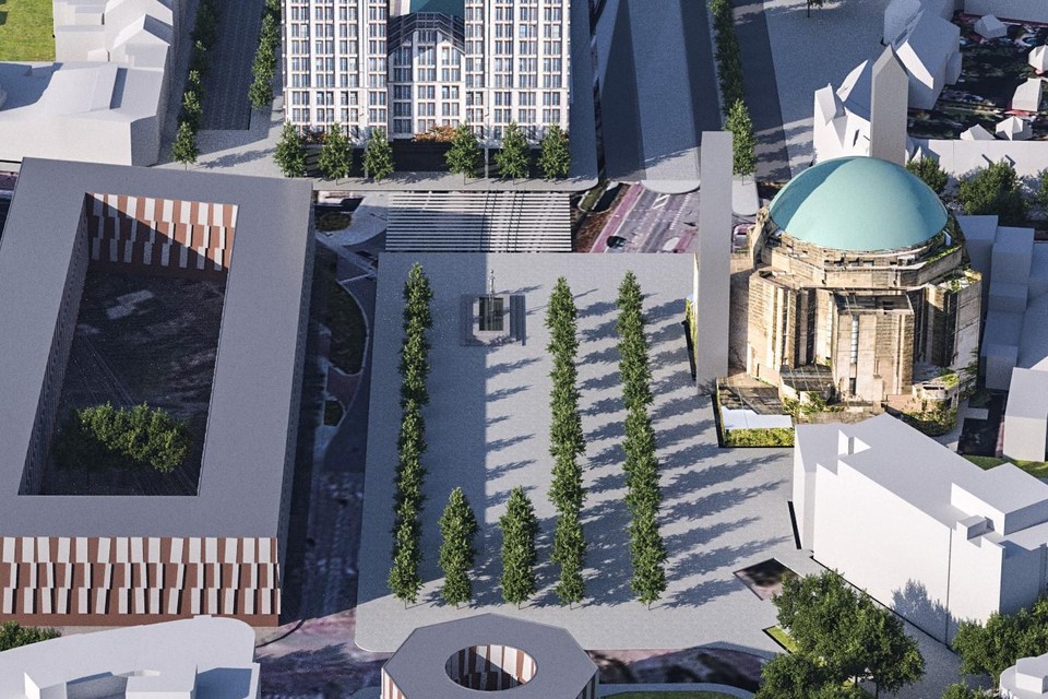 Het nieuwe plein bij de Koepelkerk die twee ‘minaretten’ (in grijs) moet krijgen. Links en beneden nieuwbouw. 