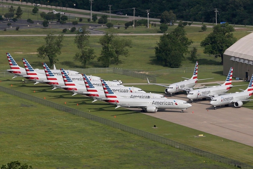 Verschillende Boeing 737 Max-toestellen van American Airlines die aan de grond staan op de internationale luchthaven in Tulsa, Oklahoma. 