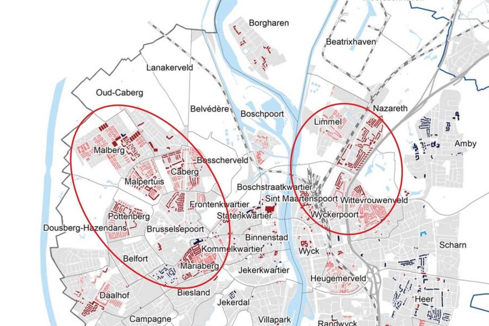 De Maastrichtse wijken met de meeste sociale huurwoningen. 