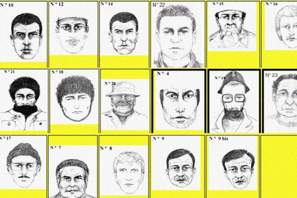 De compositietekeningen van de Bende-verdachten die de Belgische politie in 1997 verspreidde. 