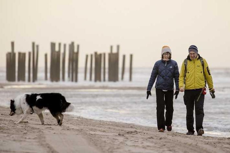 Wandelaars met een hond op het strand bij Petten. De eerste helft van de winter is zacht verlopen.