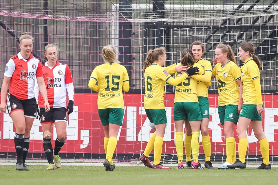 Fortuna Vrouwen viert één van de doelpunten in Rotterdam.