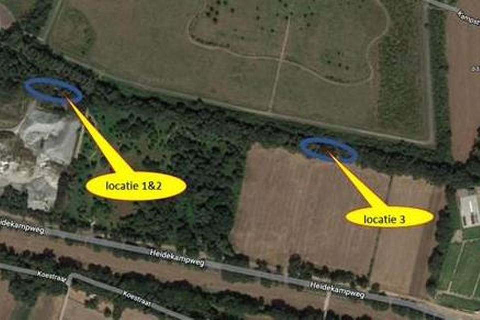 De drie locaties van de graafwerkzaamheden in het Heidekamppark in Urmond. 