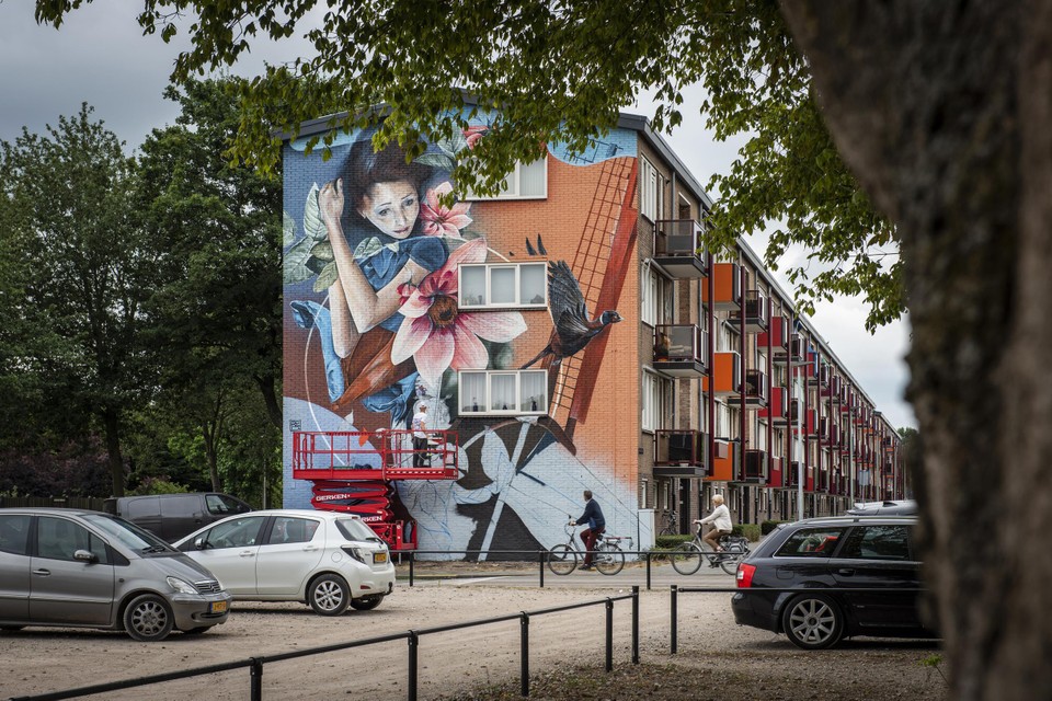Kunstenaar Marcus Debie (op rode steiger) aan het werk in het centrum van Panningen. 