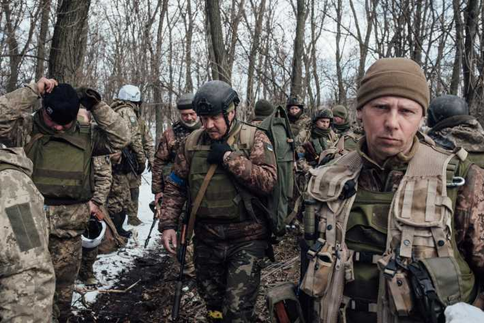 Oekraïense soldaten na een training in de regio Donetsk afgelopen februari.