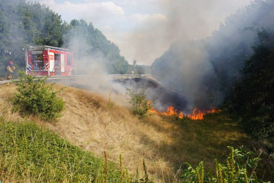 Brandweer in actie bij bermbrand langs A2 bij Budel. 