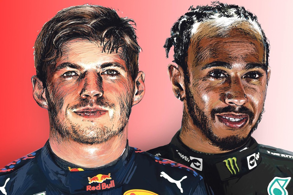 Max Verstappen en Lewis Hamilton. 