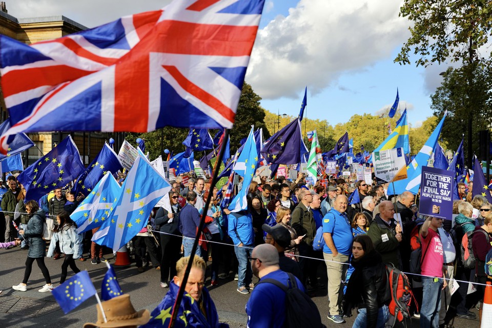 Een demonstratie tegen de dreigende Brexit in oktober 2019 in Londen, toen het parlement nog moest stemmen over de EU-uittreding.