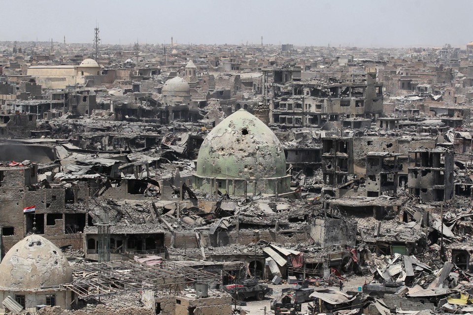 De zwaarbeschadigde stad Mosul in 2017.