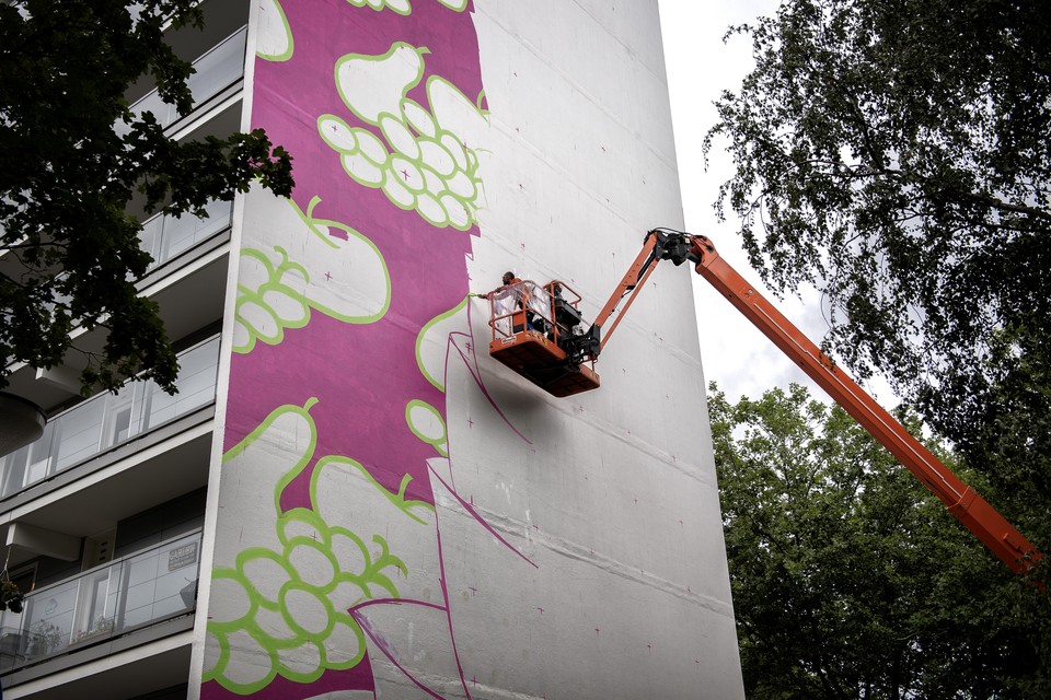 De New-Yorkse kunstenaar Iman Raad in actie in Heerlen. Op de muur zijn de rasters duidelijk te zien. 